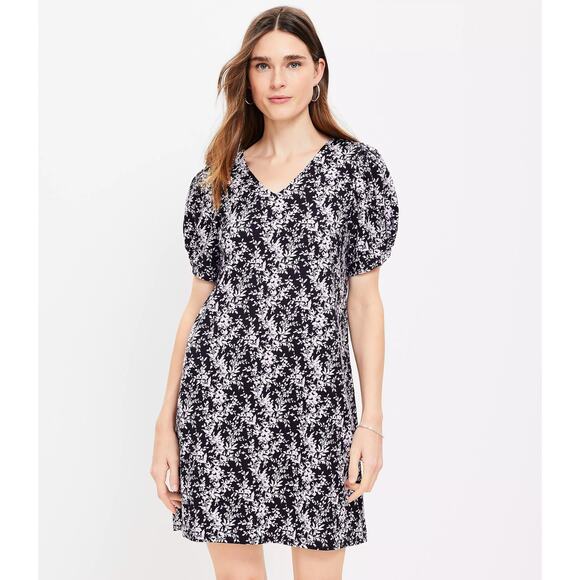 Ann Taylor LOFT Purple Floral Puff Sleeve Dress NWT - Picture 1 of 10
